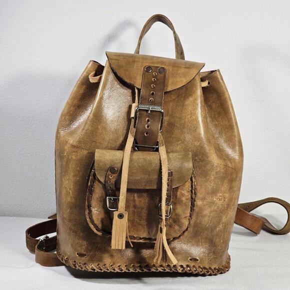 Vintage Handmade In Mexico Sturdy Brown Leather Backpack Cinch & Buckle - Picture 2 of 14